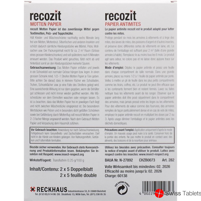 Recozit Motten Papier 2x 5 Stück buy online