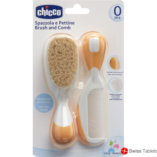 Chicco comb and brush natural bristles orange 0m +
