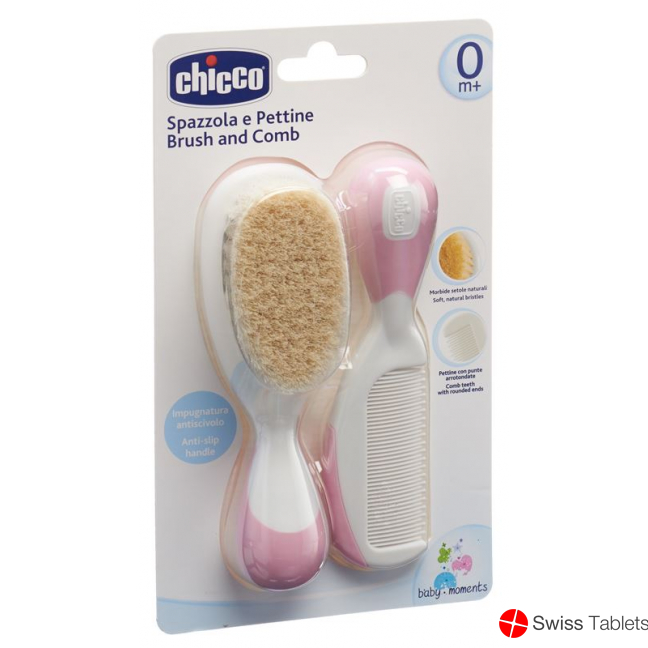 Chicco Comb and Brush Natural Bristle Pink 0m+ buy online