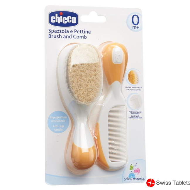 Chicco comb and brush natural bristles orange 0m +