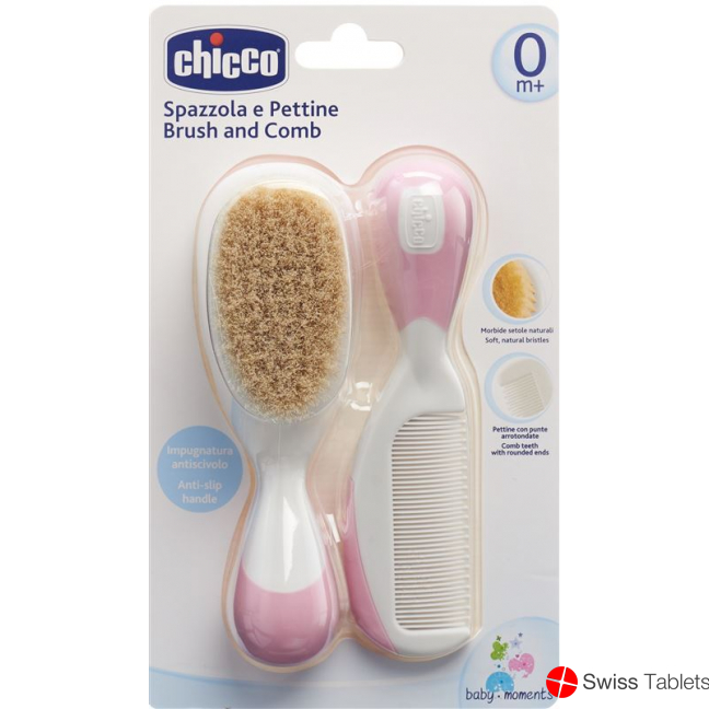 Chicco Comb and Brush Natural Bristle Pink 0m+ buy online