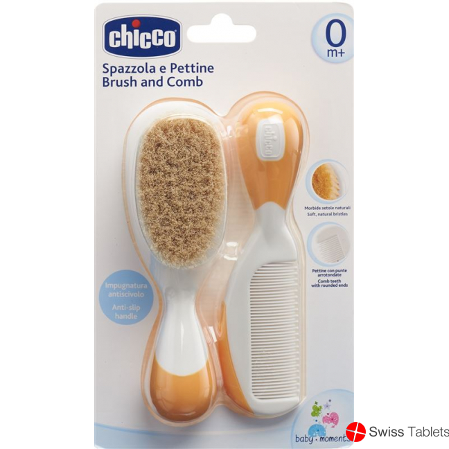 Chicco comb and brush natural bristles orange 0m +